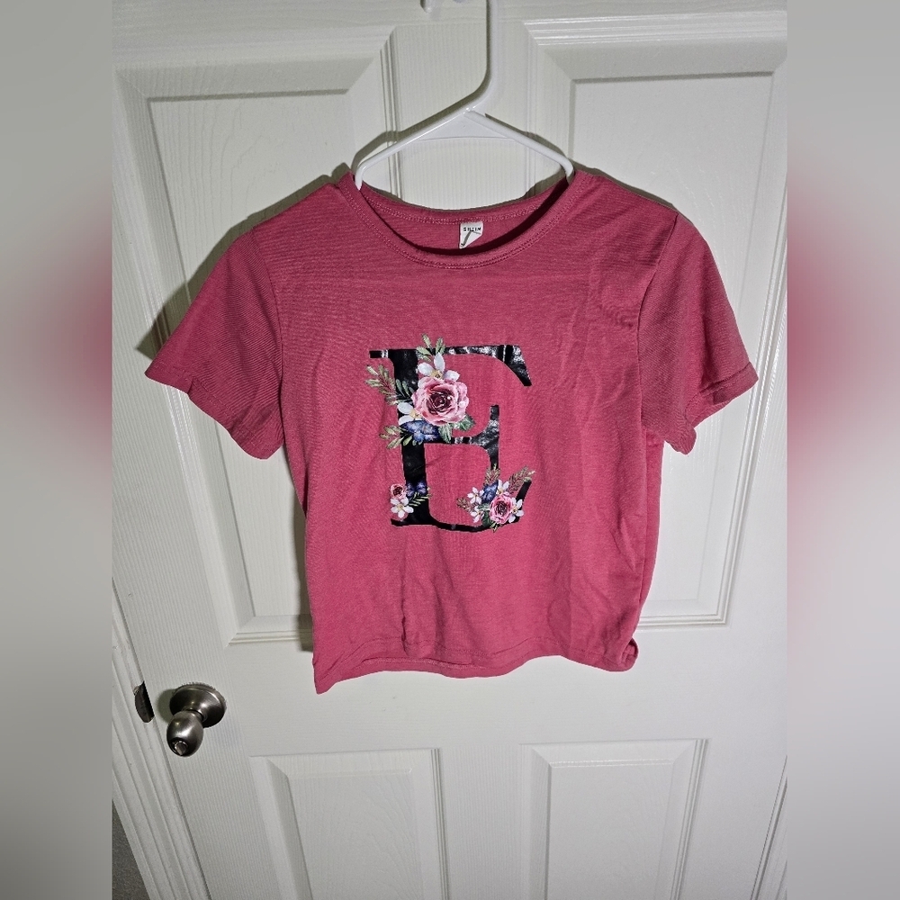Shein Girls Pink Letter E Floral Short Sleeve Tee